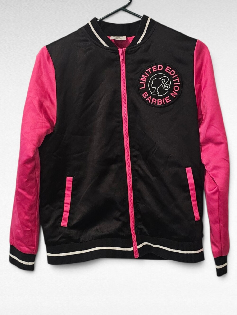 Barbie Limited Edition Pink and Black Satin Varsity Jacket Girls Size XL